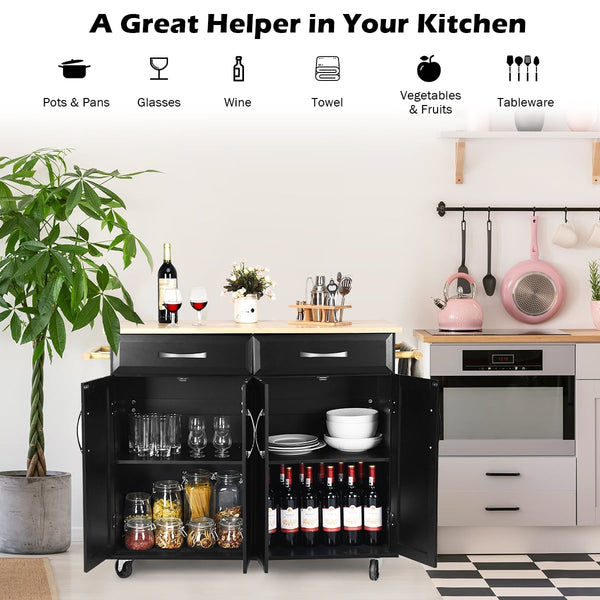 Rolling kitchen cart storage cabinet with wood top - Black