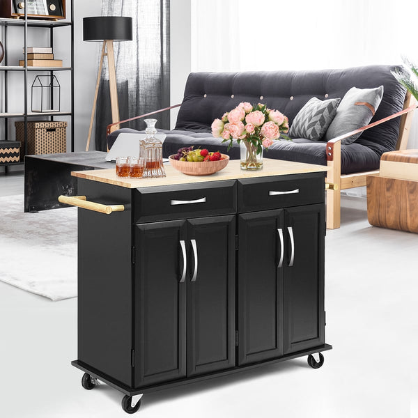 Rolling kitchen cart storage cabinet with wood top - Black