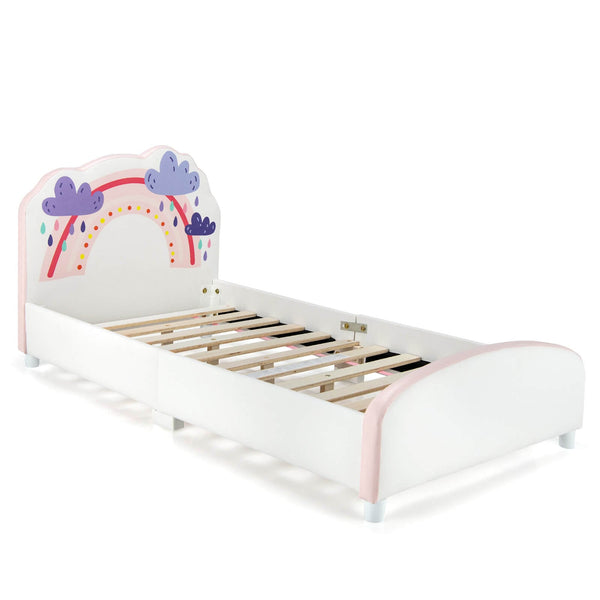 Upholstered wooden platform bed for children with rainbow pattern