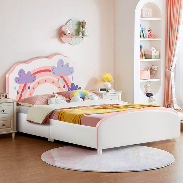 Upholstered wooden platform bed for children with rainbow pattern