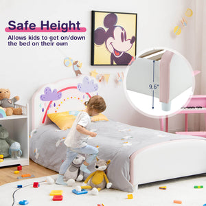 Upholstered wooden platform bed for children with rainbow pattern