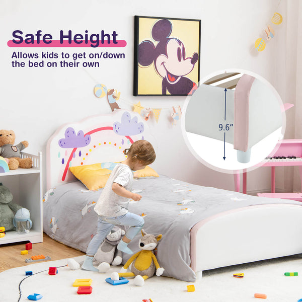 Upholstered wooden platform bed for children with rainbow pattern