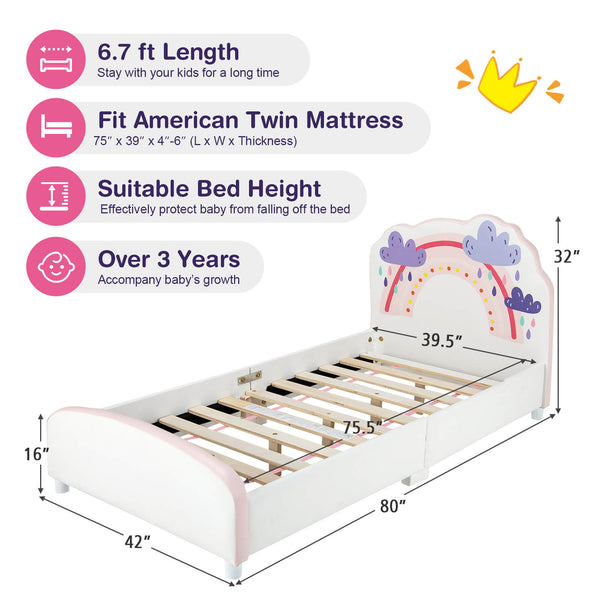 Upholstered wooden platform bed for children with rainbow pattern