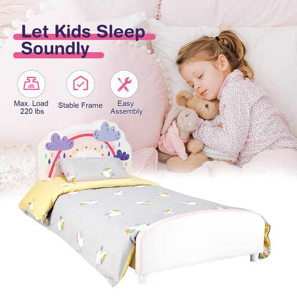 Upholstered wooden platform bed for children with rainbow pattern