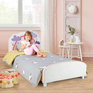 Upholstered wooden platform bed for children with rainbow pattern