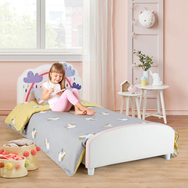 Upholstered wooden platform bed for children with rainbow pattern
