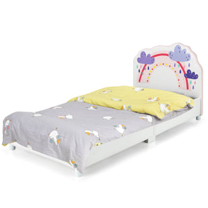 Upholstered wooden platform bed for children with rainbow pattern