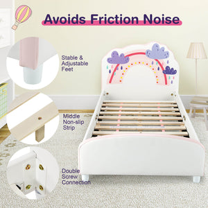 Upholstered wooden platform bed for children with rainbow pattern