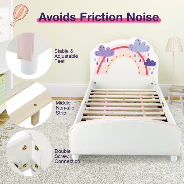 Upholstered wooden platform bed for children with rainbow pattern