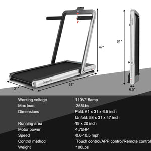 Folding Treadmill 4 75HP 2 in 1 with APP Remote Control - Silver