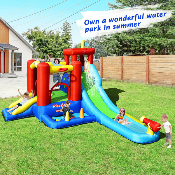 9-in-1 Inflatable Water Slide for Kids, Bouncing House (No Blower Required)