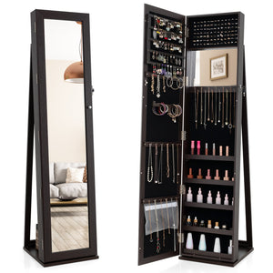 Lockable freestanding jewelry armoire with full-length mirror - White