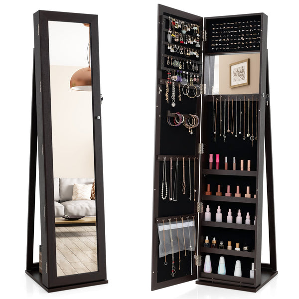 Lockable freestanding jewelry armoire with full-length mirror - White