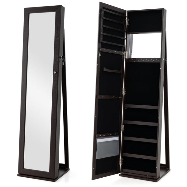 Lockable freestanding jewelry armoire with full-length mirror - White