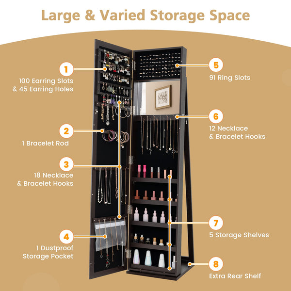 Lockable freestanding jewelry armoire with full-length mirror - White