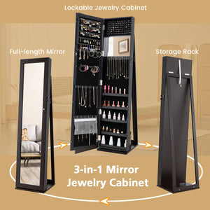 Lockable freestanding jewelry armoire with full-length mirror - White