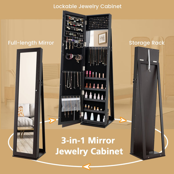 Lockable freestanding jewelry armoire with full-length mirror - White