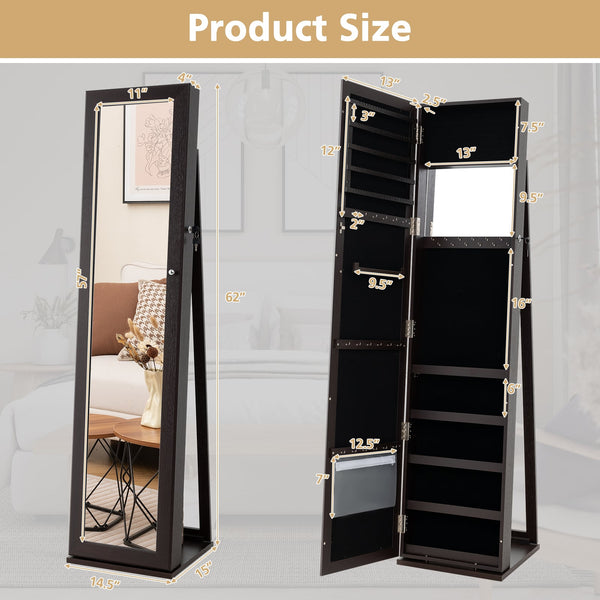 Lockable freestanding jewelry armoire with full-length mirror - White