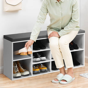 Upholstered entryway shoe storage bench with 10-cube organizer - Gray