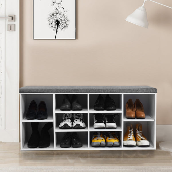 Upholstered entryway shoe storage bench with 10-cube organizer - Gray