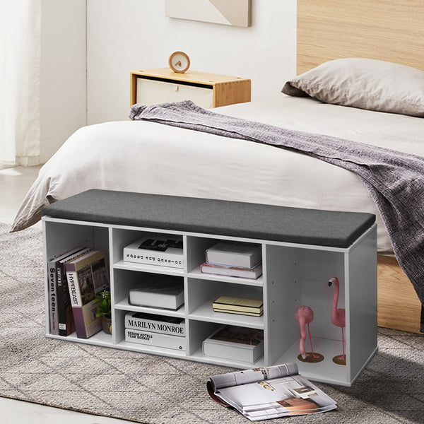 Upholstered entryway shoe storage bench with 10-cube organizer - Gray
