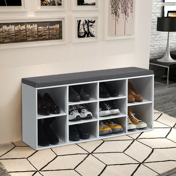 Upholstered entryway shoe storage bench with 10-cube organizer - Gray
