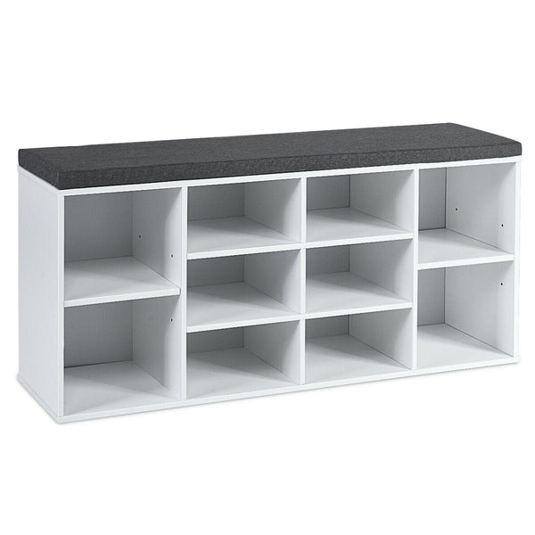 Upholstered entryway shoe storage bench with 10-cube organizer - Gray