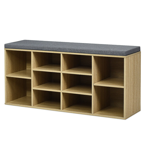 Upholstered entryway shoe storage bench with 10-cube organizer - Gray
