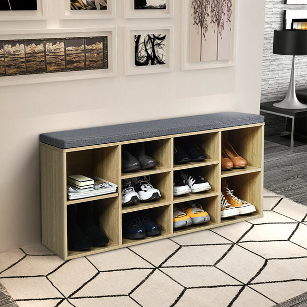 Upholstered entryway shoe storage bench with 10-cube organizer - Gray