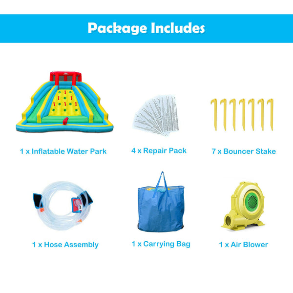 Inflatable water park castle with double slide and climbing wall with 735W blower