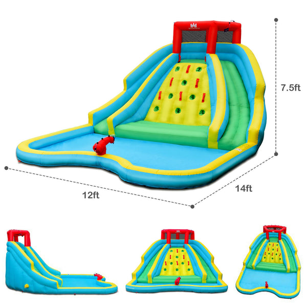 Inflatable water park castle with double slide and climbing wall with 735W blower