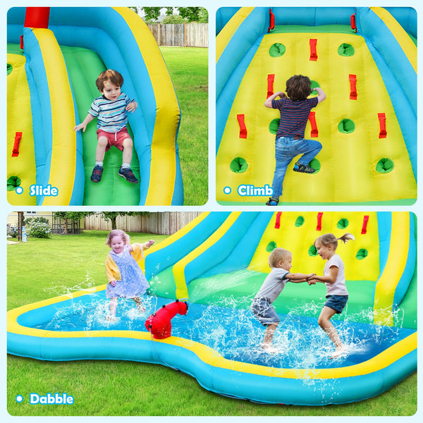 Inflatable water park castle with double slide and climbing wall with 735W blower