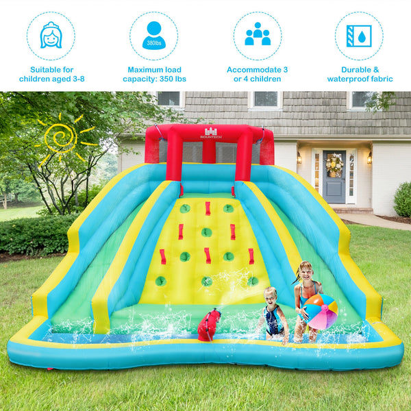 Inflatable water park castle with double slide and climbing wall with 735W blower