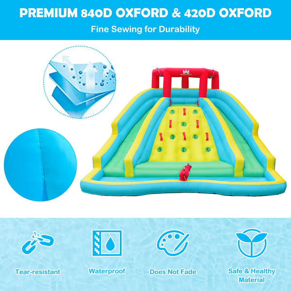 Inflatable water park castle with double slide and climbing wall with 735W blower