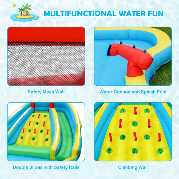 Inflatable water park castle with double slide and climbing wall with 735W blower