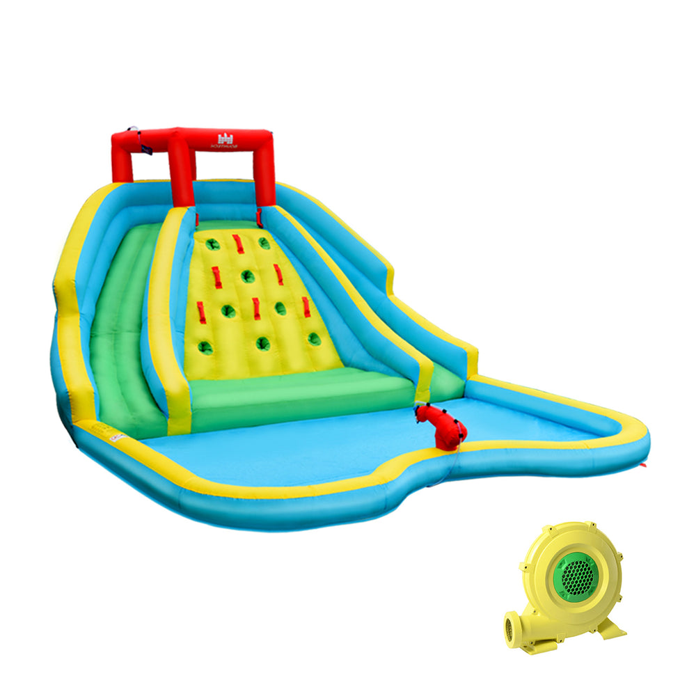 Inflatable water park castle with double slide and climbing wall with 735W blower