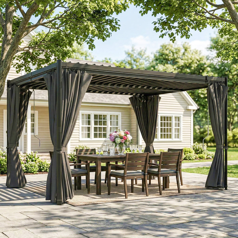 10 x 13 louvered pergola, steel roof and curtains, drainage gutters, grey
