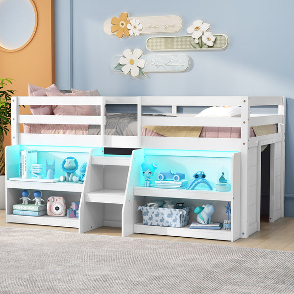 Loft bed with LED lights, staircase and safety railing - White