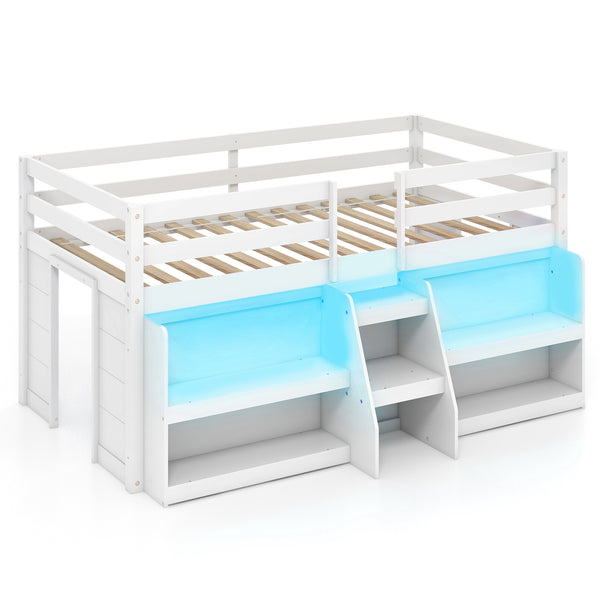 Loft bed with LED lights, staircase and safety railing - White