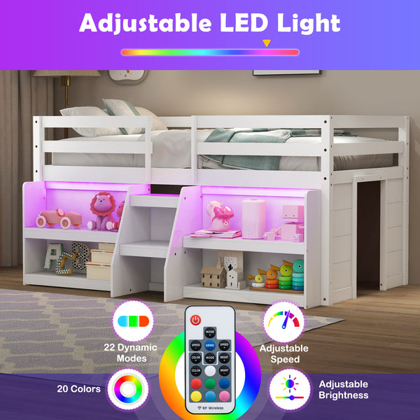 Loft bed with LED lights, staircase and safety railing - White
