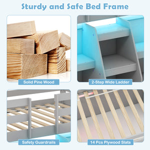 Loft bed with LED lights, staircase and safety railing - Grey