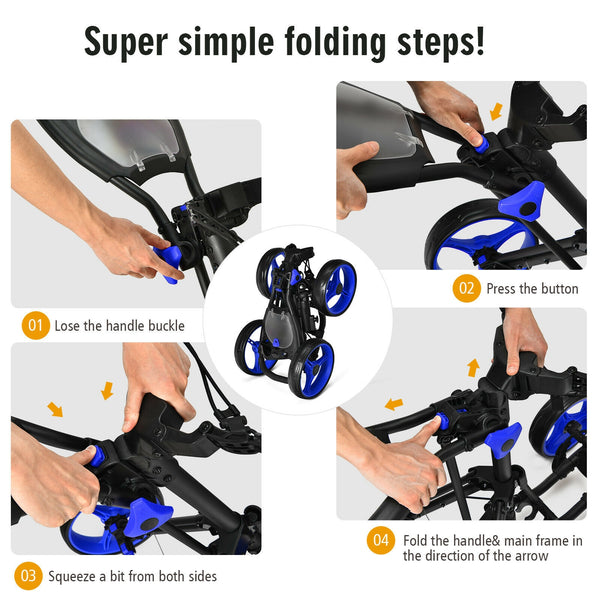 4-wheel golf trolley with brake, scoreboard and adjustable handle
