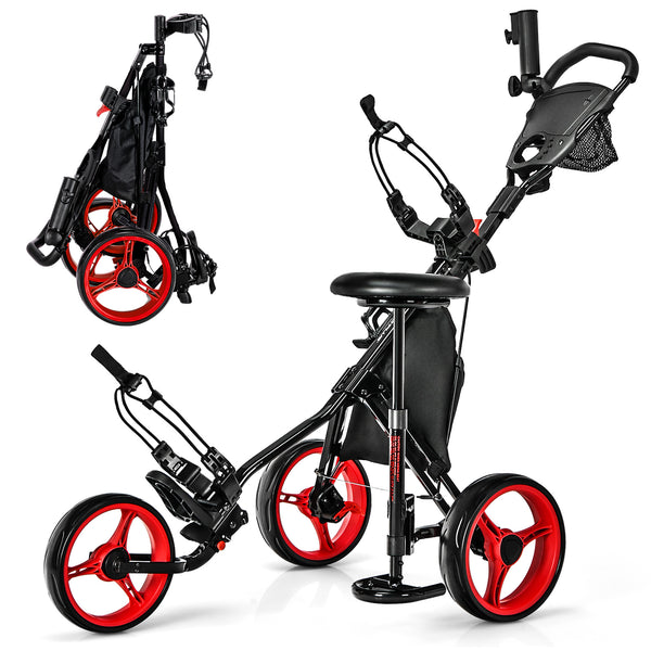 3-Wheel Folding Golf Trolley with Dashboard and Adjustable Handle - Red