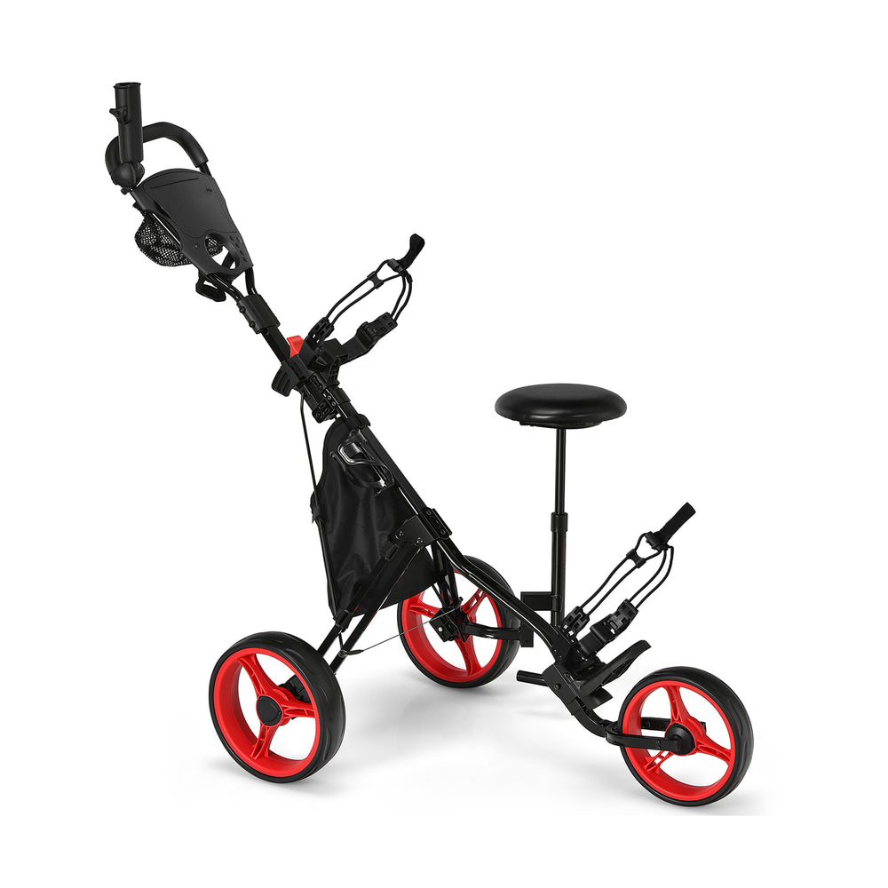 3-Wheel Folding Golf Trolley with Dashboard and Adjustable Handle - Red