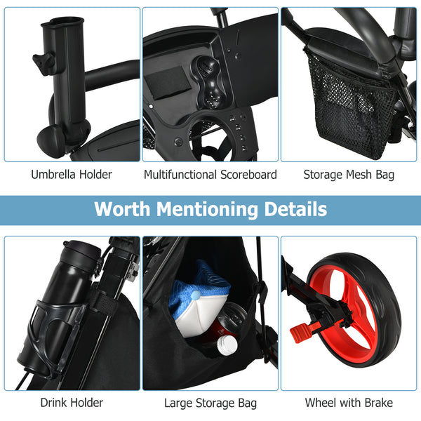 3-Wheel Folding Golf Trolley with Dashboard and Adjustable Handle - Red