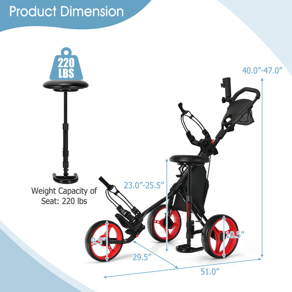 3-Wheel Folding Golf Trolley with Dashboard and Adjustable Handle - Red