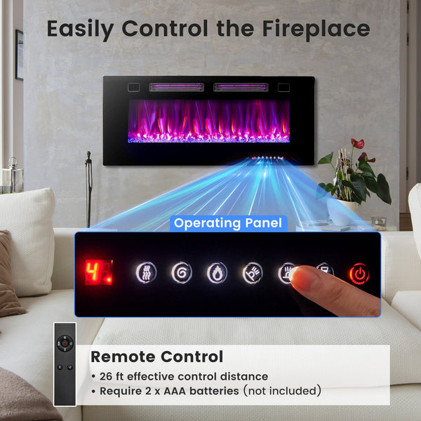 Cheminée électrique ultra-mince de 42 pouces avec cristaux décoratifs et contrôle intelligent par application - 42 pouces