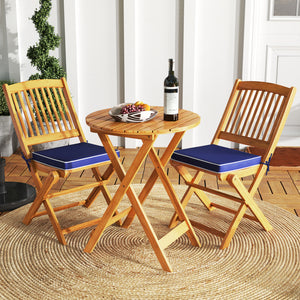 3-Piece Folding Acacia Wood Bistro Set with Soft Cushions - Navy Blue