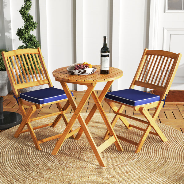 3-Piece Folding Acacia Wood Bistro Set with Soft Cushions - Navy Blue