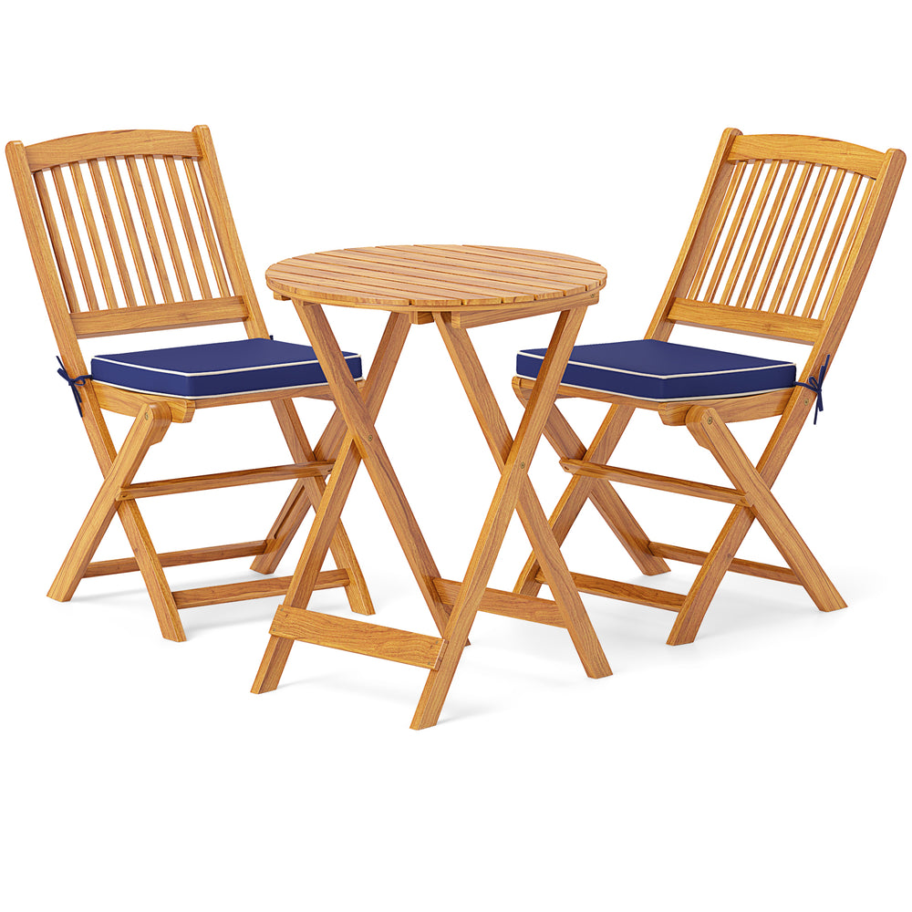 3-Piece Folding Acacia Wood Bistro Set with Soft Cushions - Navy Blue
